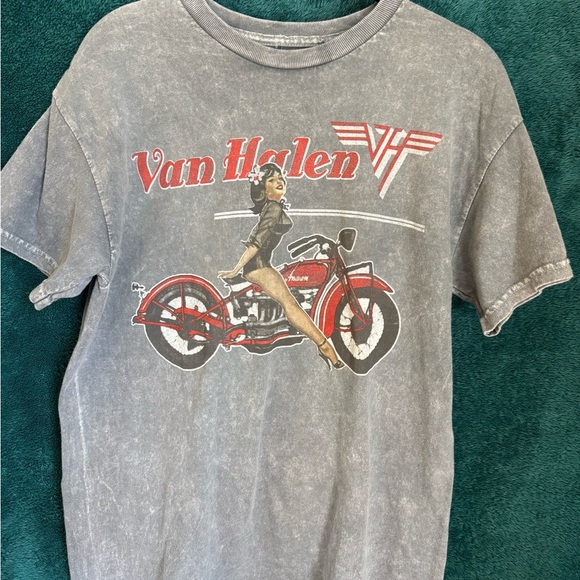 Van Halen Vintage Biker Pinup Girl Gray Short Sleeve Tee - Picture 1 of 2